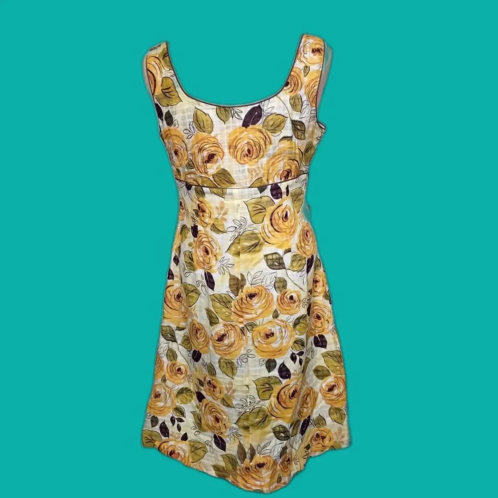 Cabi Yellow Rose Print A Line Sleeveless Dress Sz 4 Cotton Milkmaid Cottagecore